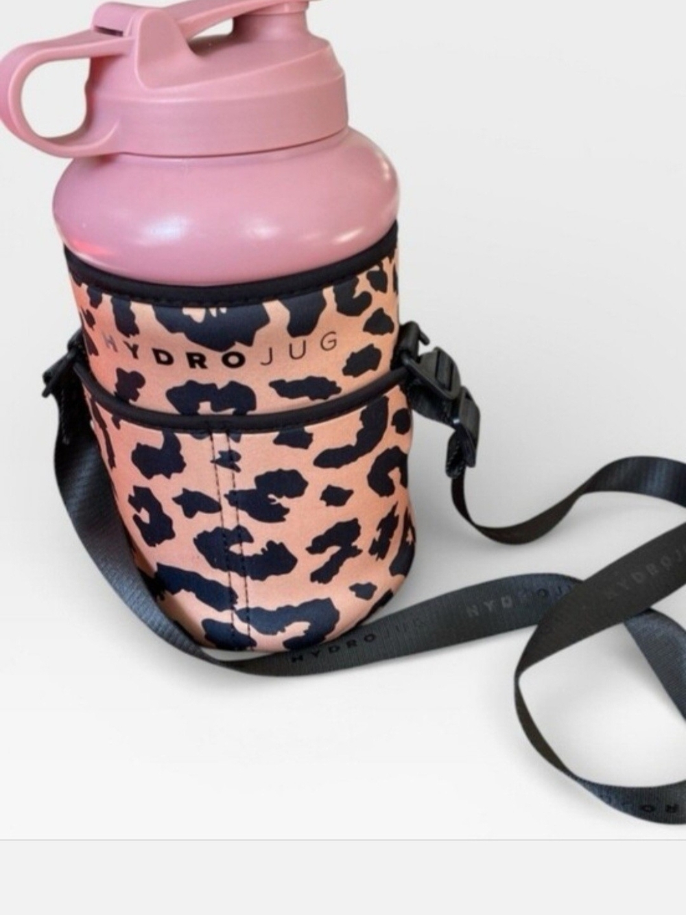 HydroJug Pink Leopard Kids Bottle Carrier with Black Strap